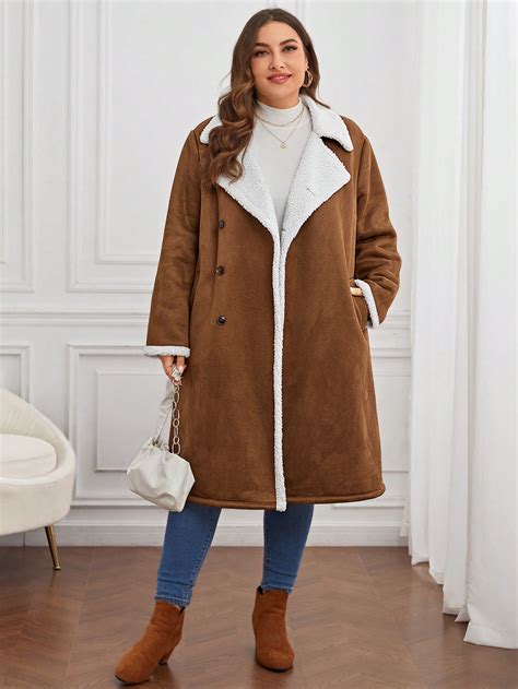 Shein Lune Plus Lapel Neck Double Breasted Teddy Lined Coat Shein Usa