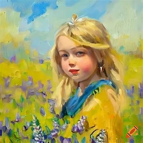 Beautiful Oil Painting Of Lupine Flowers And Blonde Haired Girl