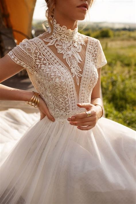 Vintage Boho Wedding Dress Features Lace Tulle High Neck And Cap