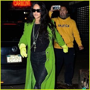 Rihanna Rocks A Lime Green Coat To Dinner In Nyc Rihanna Just Jared