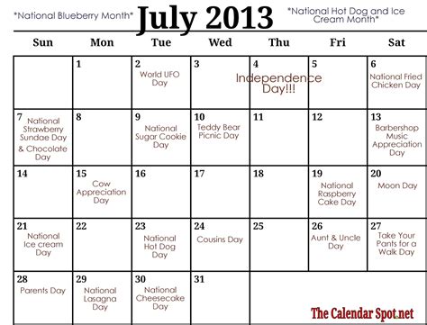 July Holidays Calendar - Nina Teresa