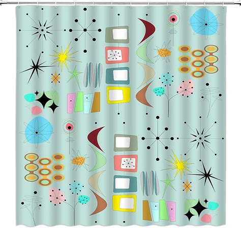 Mid Century Shower Curtain Retro Atomic Starburst Abstract Modern