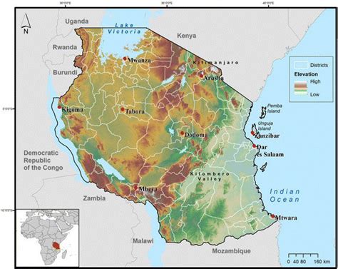 United Republic Of Tanzania Detailed By Districts And Elevation The