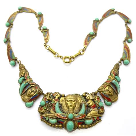 Vintage Art Deco Czech Neiger Brothers Egyptian Revival Sphinx Pharaoh Peking Glass Necklace