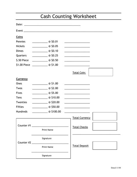 Printable Cash Count Sheet Excel