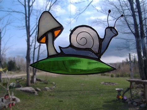 Snail And Mushroom Stained Glass Suncatcher Etsy Stained Glass Stained Glass Suncatchers