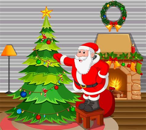 Papai Noel E Arvore De Natal - papai noel com árvore de natal na sala de estar e lareira 8665425 Vetor ...