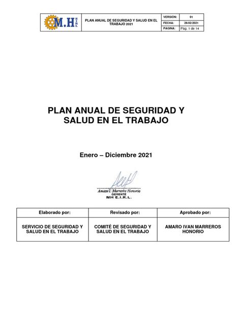 Plan Anual De Seguridad Y Salud En El Trabajo Pdf Seguridad Y Salud Ocupacional Valores