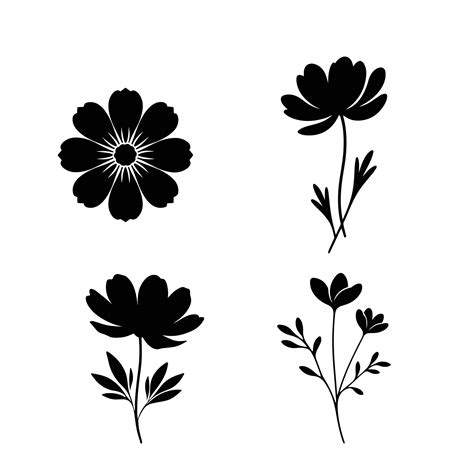 Black Silhouette Of Flower Set Isolated On A White Background Flower