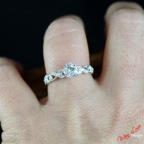 White Topaz Diamond Milgrained Leaf Engagement Ring Round Eternity