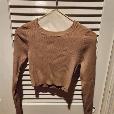Naked Wardrobe Sweaters Naked Wardrobe Ribbed Cropped Long Sleeve Sweater Camel Colored