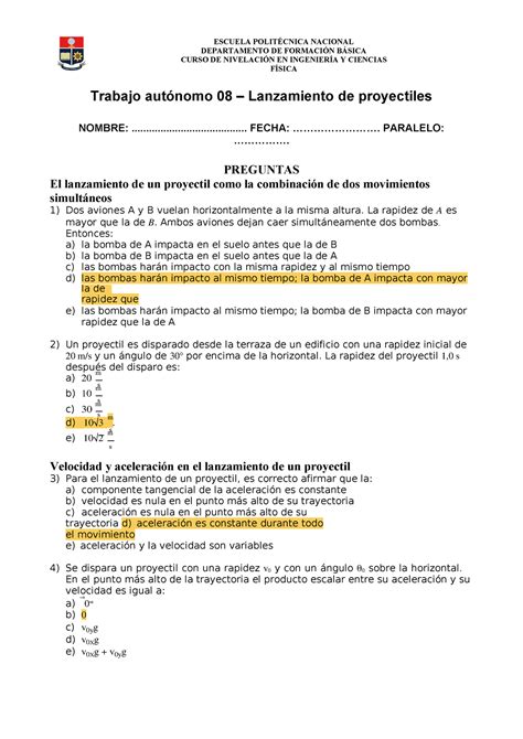 Trabajo Aut Nomo Lanzamiento De Proyectiles La De Escuela