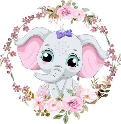 Lindo Beb Elefante Con Vector De Corona De Flores Vector Premium