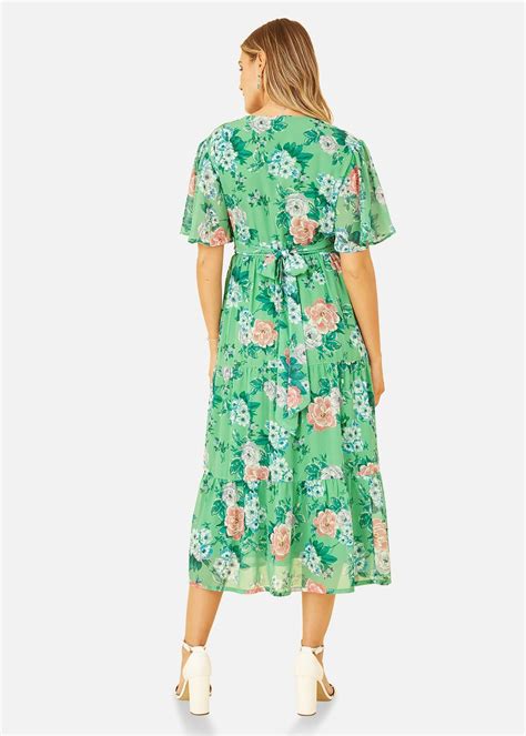 Yumi Green Floral Wrap Midi Dress With Tiered Hem Matalan