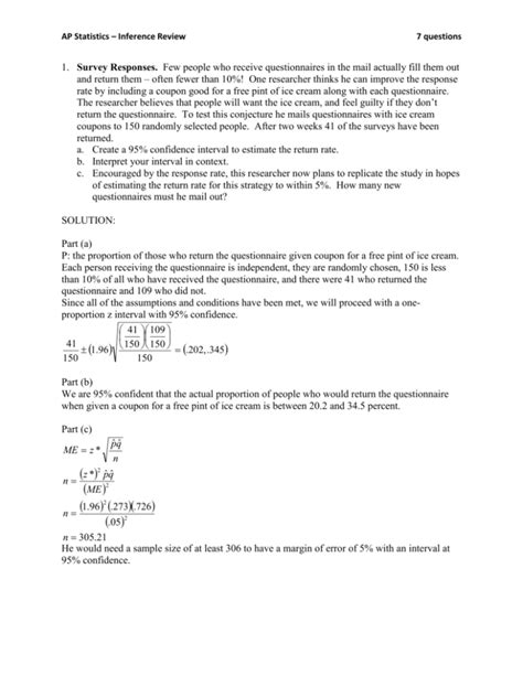 Ap Statistics Inference Review 7 Questions Survey Responses