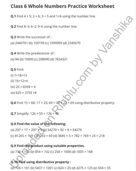 Worksheet For Class 6 Maths Whole Numbers Chapter 2