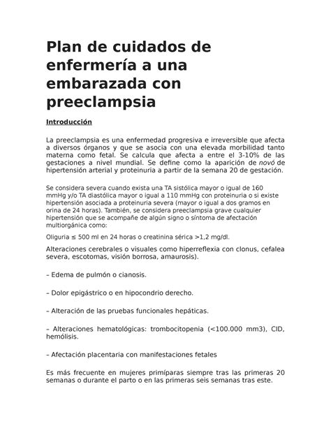 Plan de cuidados de enfermería a una embarazada con preeclampsia Plan