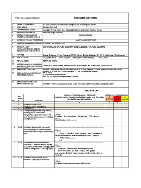 Checklist Audit Smk3 Lanjutan 166 Kriteria Pdf