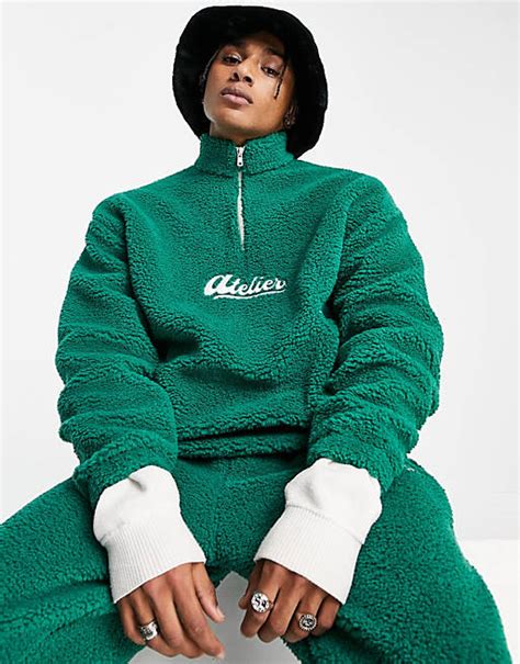 Asos Design Co Ord Oversized Half Zip Sweatshirt In Green Borg With