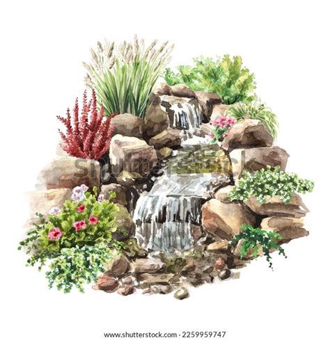 Waterfall Garden Landscape Design Hand Drawn Stock Illustration ...