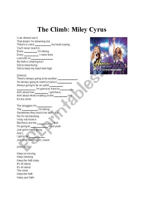 English Worksheets The Climb Miley Cyrus