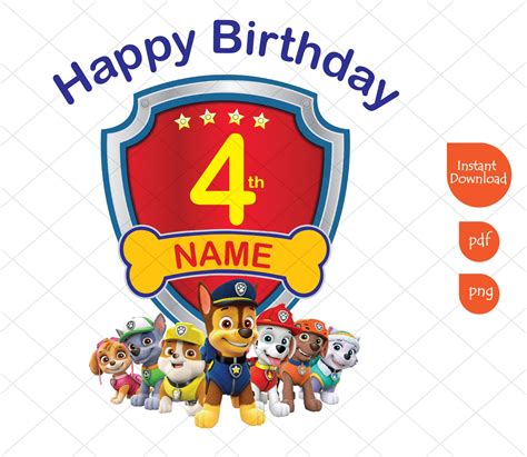 Paw Patrol 4th Birthday Boy Clipart Happy Birthday Printable Etsy