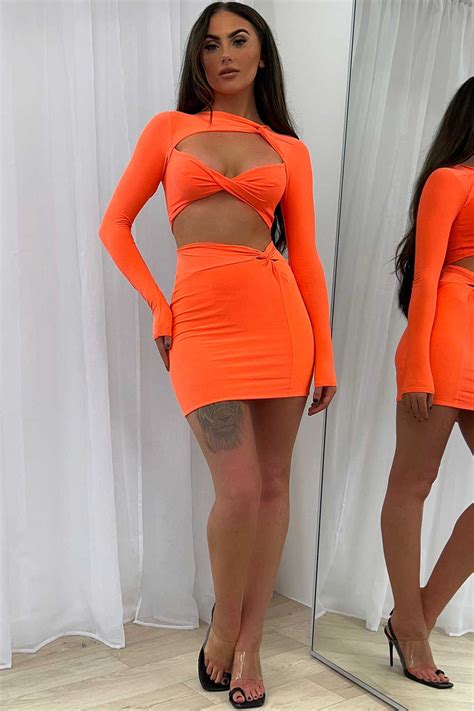 Twist Front Cutout Crop Top And Skirt Co Ord Festival Set Neon Orange Uk