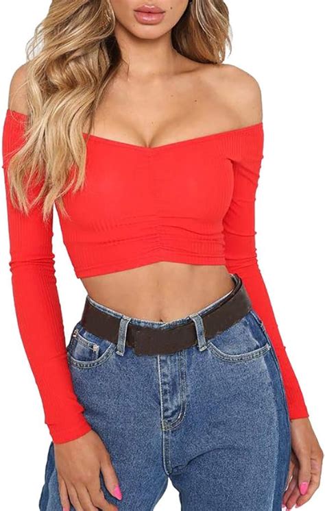 FRAUIT Mode Damen Schulterfrei Langarm T Shirt Crop Top Kurzes