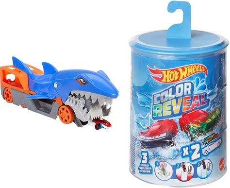 Hot Wheels Shark Chomp Transporter Playset With One 1 64 Scale Car GVG36 Color Reveal 2 Pack