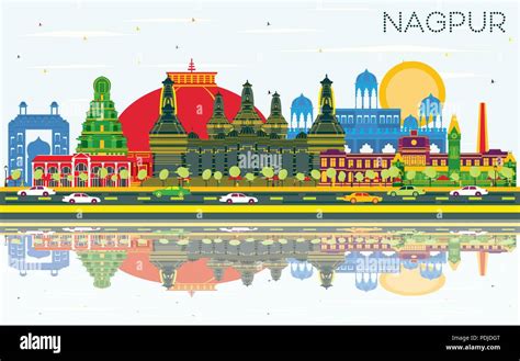 Nagpur India City Skyline With Color Buildings Blue Sky And