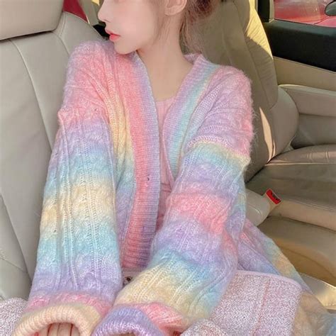 Rainbow Knitted Button Down Korean Cardigan In 2021