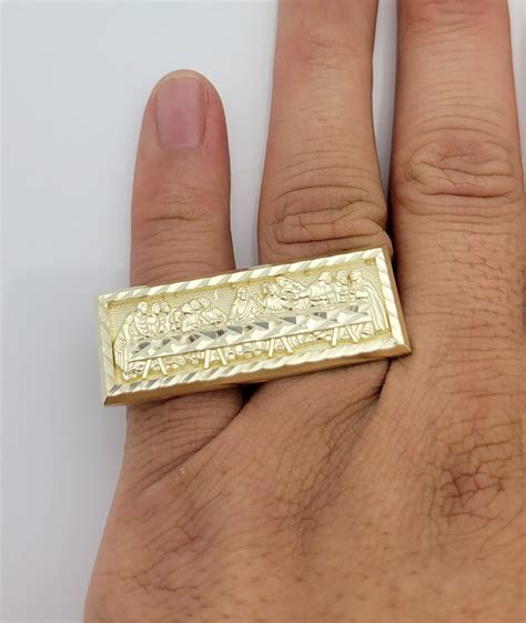 Mens 10k Yellow Solid Gold Last Supper Ring Two Finger Etsy