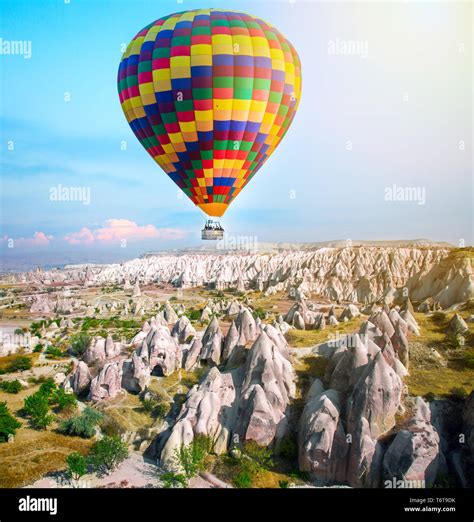 Hot Air Balloon Flying Over Cappadocia Turkey Stock Photo Alamy