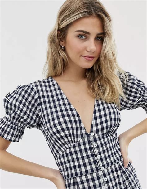 Asos Asos Design Gingham Jumpsuit With Puff Sleeves Airrobe