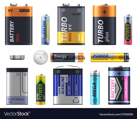 Battery Types Set Aa And Sizes Models Royalty Free Vector