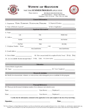 Fillable Online Saugus Ma Part Time Summer Program Application Saugus