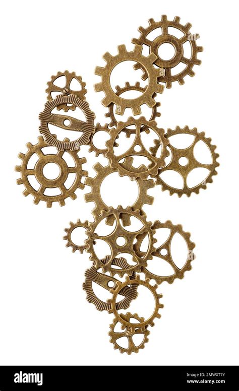 Group Of Assorted Bronze Cogwheels Various Size And Shape Abstract