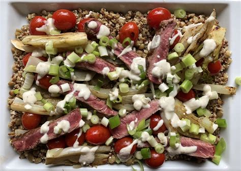 Grilled Steak Vegetable And Quinoa Salad With Yogurt Tahini Dressing