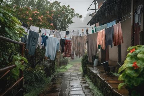 Un Tendedero Con Ropa Mojada Y Arrastrada Por El Viento Bajo La Lluvia