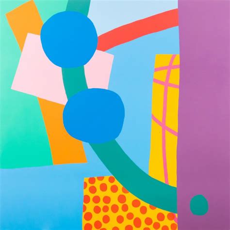 An Abstract Painting With Blue Pink And Yellow Circles In The Center