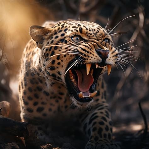 Premium AI Image | a jaguar roaring in the forest in the style of dark lights closeup