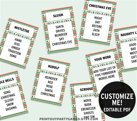 Christmas Taboo Game Festive Dont Say 48 Editable Cards Digital Download Printable Holiday