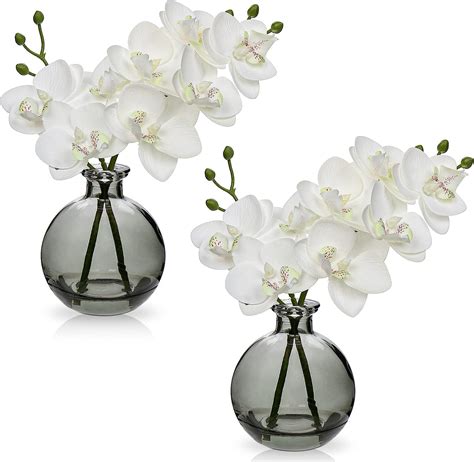 White Orchids Artificial Flowers Faux Orchid Arrangement With Black Glass Vase Set Of 2 Real