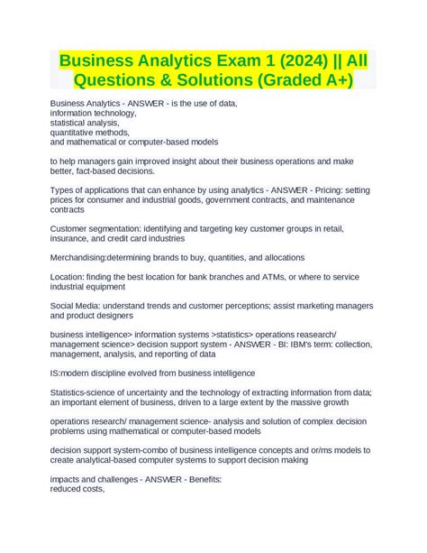 Business Analytics Exam All Questions Solutions Graded