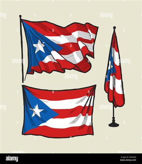 Flag Of Puerto Rico On The Wind And On The Wall Hand Drawn Illustration Set Stock Vector Image