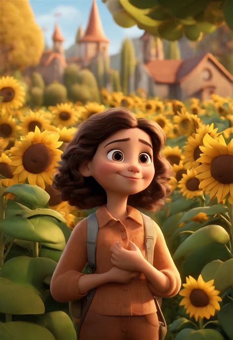 A Cartoon Girl Standing In A Field Of Sunflowers With A Castle In The