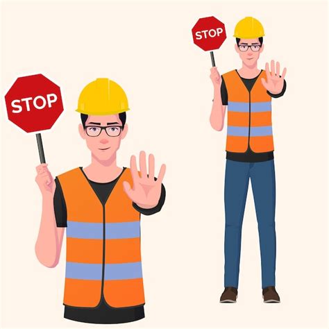 Premium Vector Construction Worker Holding Stop Sign Vector Illustration