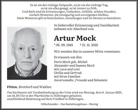 Traueranzeigen Von Artur Mock Saarbruecker Zeitung Trauer De