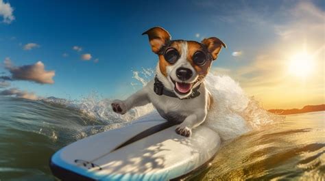 Premium AI Image | Funny dog surfing on a surfboard in the sea Jack ...