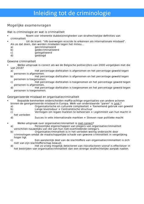 Inleiding In De Criminologie Mogelijke Examenvragen Inleiding Tot